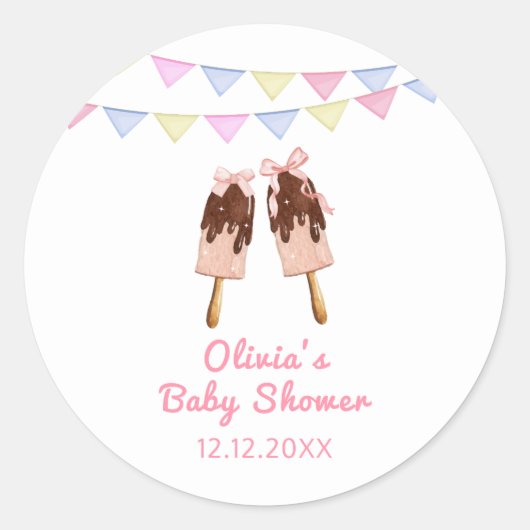 Schattigee Roze Popcicle Bow Ice Cream Baby shower Ronde Sticker (Voorkant)