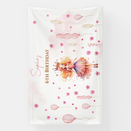Schattigee roze prinses en ballonnen verjaardag spandoek (Verticaal)