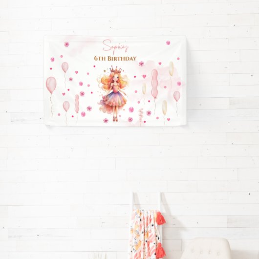 Schattigee roze prinses en ballonnen verjaardag spandoek (Insitu)