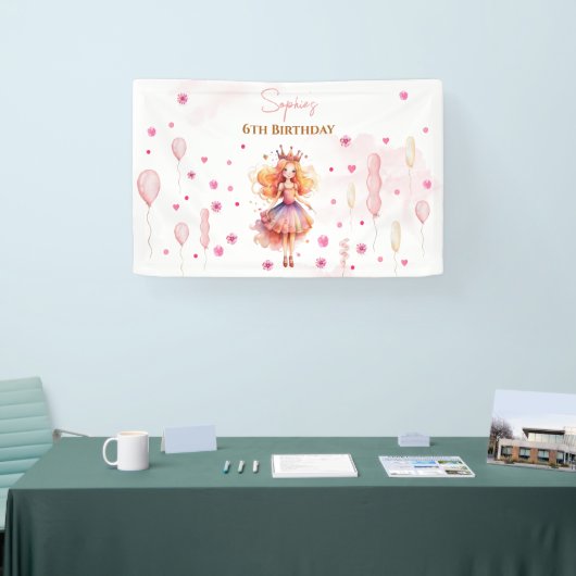 Schattigee roze prinses en ballonnen verjaardag spandoek (Beurs)