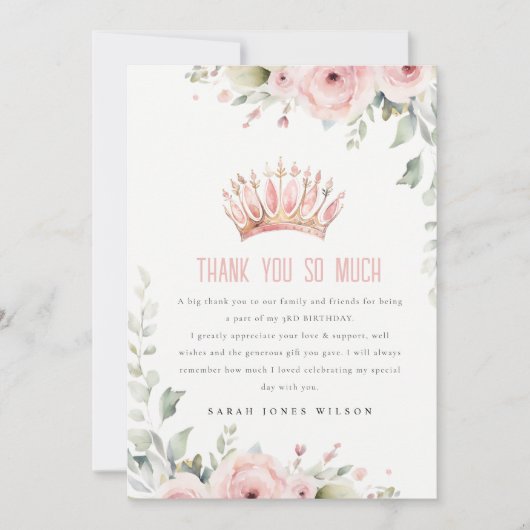 Schattigee Roze Prinses Kroon Tiara Bloemen Verjaa Bedankkaart (Voorkant)