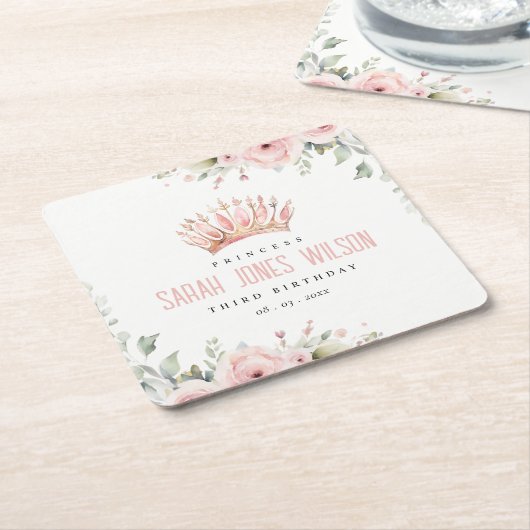 Schattigee Roze Prinses Kroon Tiara Bloemen Verjaa Kartonnen Onderzetters (Schuin)