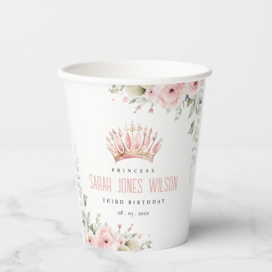 Schattigee Roze Prinses Kroon Tiara Bloemen Verjaa Papieren Bekers (Voorkant)