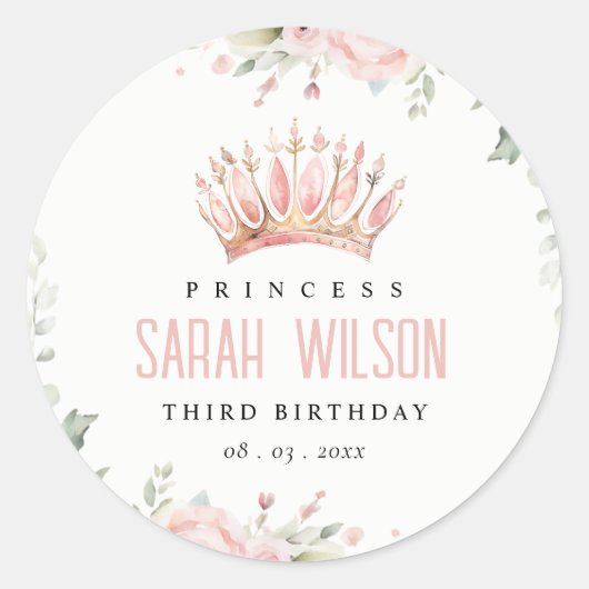 Schattigee Roze Prinses Kroon Tiara Bloemen Verjaa Ronde Sticker (Voorkant)