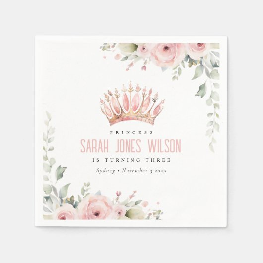 Schattigee Roze Prinses Kroon Tiara Bloemen Verjaa Servet (Voorkant)