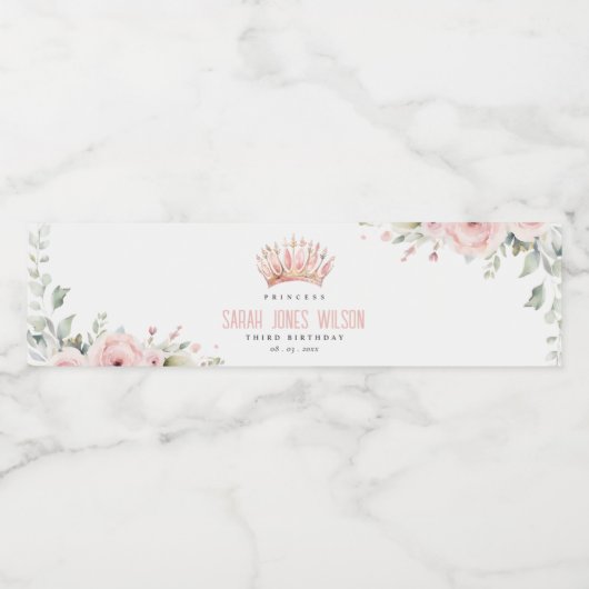 Schattigee Roze Prinses Kroon Tiara Bloemen Verjaa Waterfles Etiket (Enkel label)