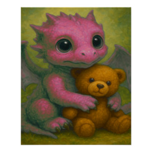 Schattigee Roze Puppy Eyed Baby Dragon met Teddy B Perfect Poster