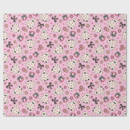 Schattigee Roze Retro Bloemen Coquette Geesten Pom Cadeaupapier (Vlak)