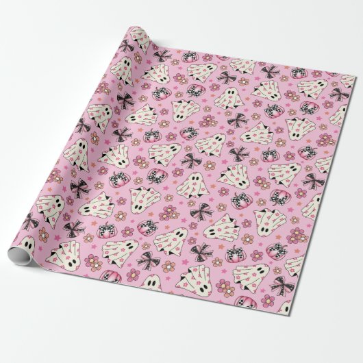 Schattigee Roze Retro Bloemen Coquette Geesten Pom Cadeaupapier (Uitgerold)
