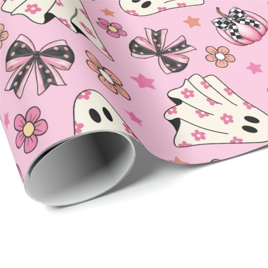 Schattigee Roze Retro Bloemen Coquette Geesten Pom Cadeaupapier (Rol Hoek)