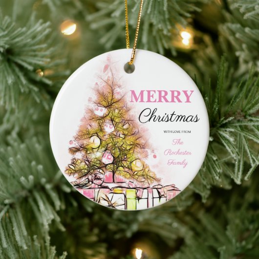 Schattigee Roze Retro Vrolijke Kerstboom Foto Keramisch Ornament (Boom)