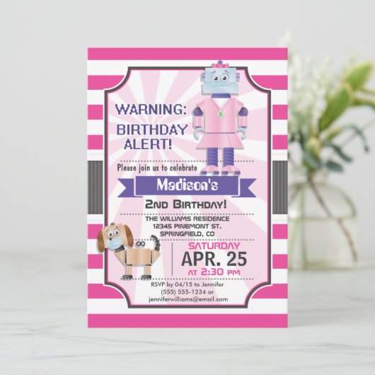 Schattigee Roze Robot, Verjaardagsfeestje voor Mei Kaart (Staand voorkant)