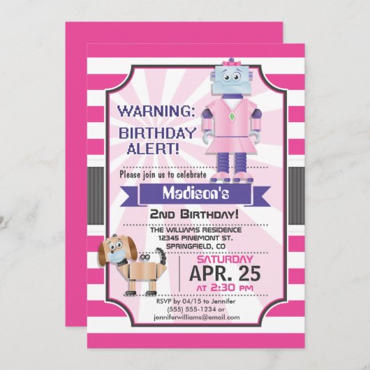 Schattigee Roze Robot, Verjaardagsfeestje voor Mei Kaart (Voorkant / Achterkant)