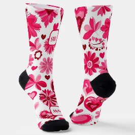 Schattigee roze rode bloemenharten, girly monogram sokken