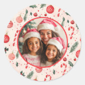 Schattigee roze rode foto kerst ronde sticker (Voorkant)