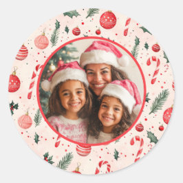 Schattigee roze rode foto kerst ronde sticker