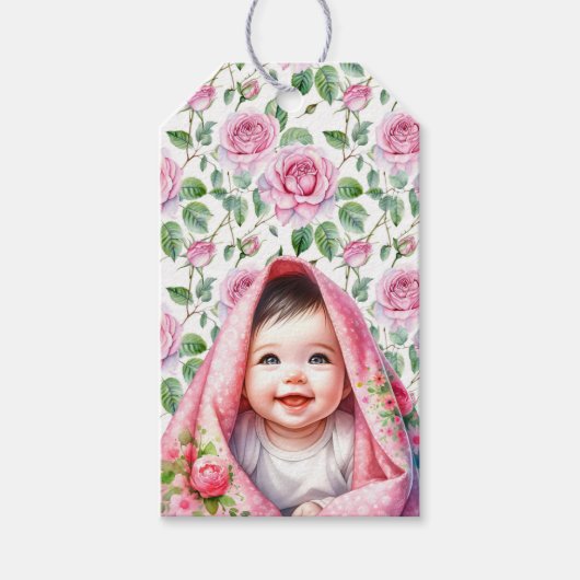 Schattigee roze rozen en lachende baby meisje van  cadeaulabel (Voorkant)