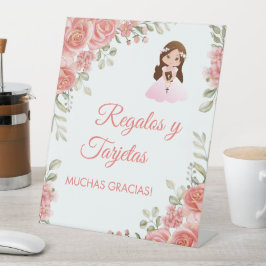 Schattigee Roze Rozen in Spaans Eerste Communie Reclamebord Met Voetstuk
