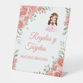 Schattigee Roze Rozen in Spaans Eerste Communie Reclamebord Met Voetstuk