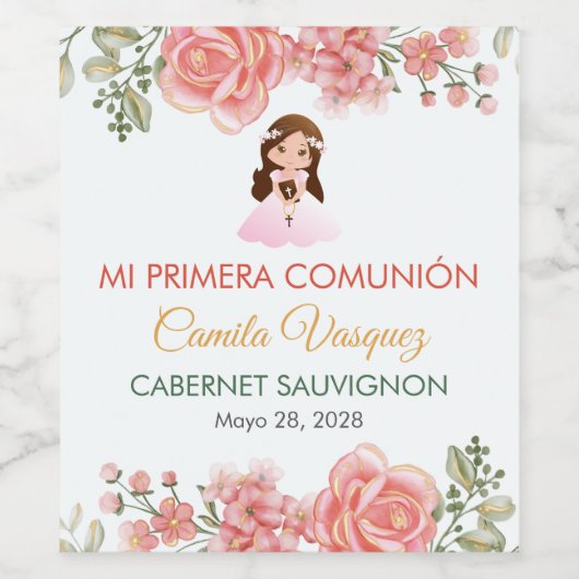 Schattigee Roze Rozen Spaans Eerste Heilige Commun Wijn Etiket (Enkel label)