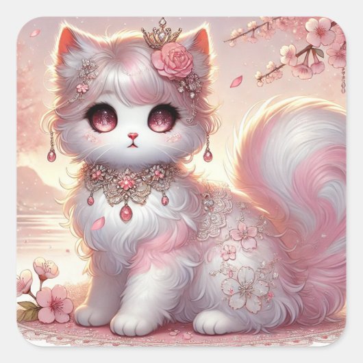 Schattigee Roze Sakura Cherry Blossom Princess Cat Vierkante Sticker (Voorkant)