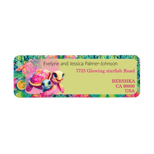 Schattigee roze schildpad moeder en kind exotische etiket (Voorkant)