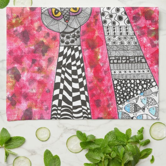 Schattigee Roze Siamese Kat Illustratie Keuken Han Theedoek (Gevouwen)