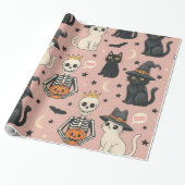 Schattigee Roze Skeleton Princess & Halloween Katt Cadeaupapier (Uitgerold)