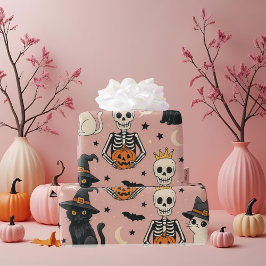 Schattigee Roze Skeleton Princess & Halloween Katt Cadeaupapier