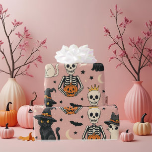 Schattigee Roze Skeleton Princess & Halloween Katt Cadeaupapier