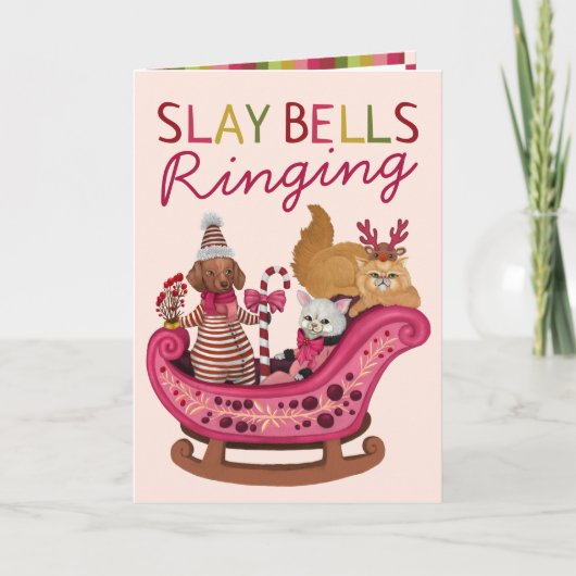 Schattigee Roze Slay Bells Ringing Dog Diva Christ Feestdagen Kaart (Voorkant)