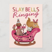 Schattigee Roze Slay Bells Ringing Dog Diva Christ Feestdagenkaart (Voorkant)