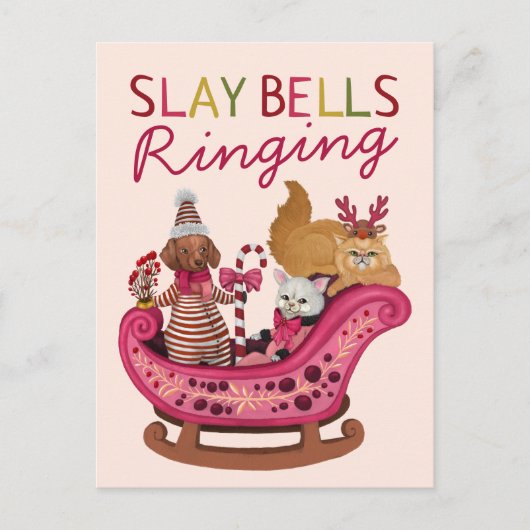 Schattigee Roze Slay Bells Ringing Dog Diva Christ Feestdagenkaart (Voorkant)