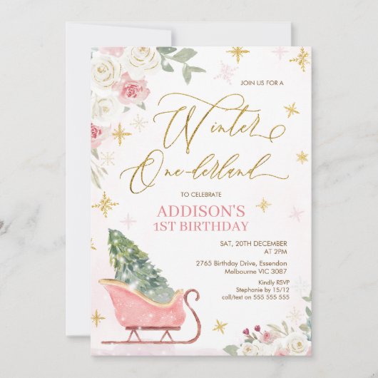 Schattigee Roze Sleigh Winter Onederland 1e Verjaa Kaart (Voorkant)