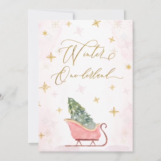 Schattigee Roze Sleigh Winter Onederland 1e Verjaa Kaart (Achterkant)