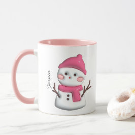 Schattigee roze sneeuwman gepersonaliseerde naam mok