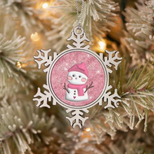 Schattigee roze sneeuwman gepersonaliseerde naam tin sneeuwvlok ornament (Boom)