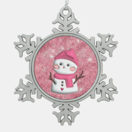 Schattigee roze sneeuwman gepersonaliseerde naam tin sneeuwvlok ornament