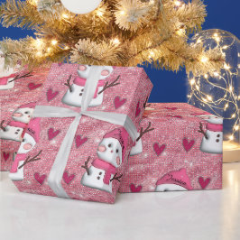 Schattigee Roze Sneeuwman harten Gepersonaliseerde Cadeaupapier