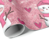 Schattigee Roze Sneeuwman harten Gepersonaliseerde Cadeaupapier (Rol Hoek)