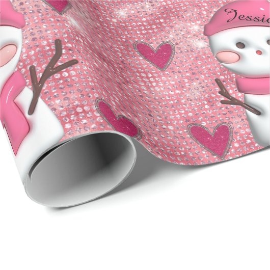 Schattigee Roze Sneeuwman harten Gepersonaliseerde Cadeaupapier (Rol Hoek)