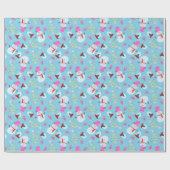 Schattigee Roze Sneeuwman Kerstboom Winterblauw Cadeaupapier (Vlak)