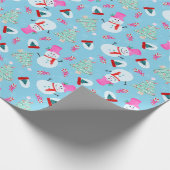 Schattigee Roze Sneeuwman Kerstboom Winterblauw Cadeaupapier (Hoek)