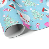 Schattigee Roze Sneeuwman Kerstboom Winterblauw Cadeaupapier (Rol Hoek)
