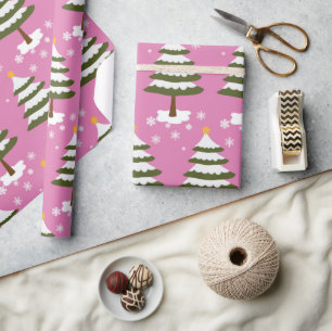 Schattigee Roze & Snowy Trees Woodland Kerstvakant Cadeaupapier