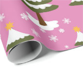 Schattigee Roze & Snowy Trees Woodland Kerstvakant Cadeaupapier (Rol Hoek)