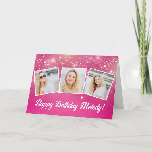 Schattigee Roze Sparkle Fotocollage Aangepaste Ver Kaart (Voorkant)