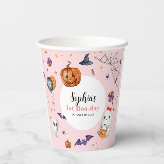 Schattigee Roze Spooky Halloween Kids Verjaardag Papieren Bekers (Achterkant)