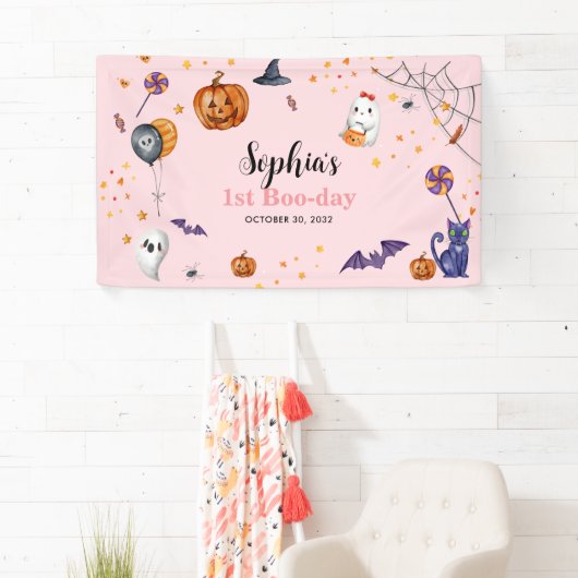 Schattigee Roze Spooky Halloween Kids Verjaardag Spandoek (Insitu)