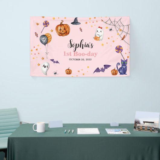 Schattigee Roze Spooky Halloween Kids Verjaardag Spandoek (Beurs)